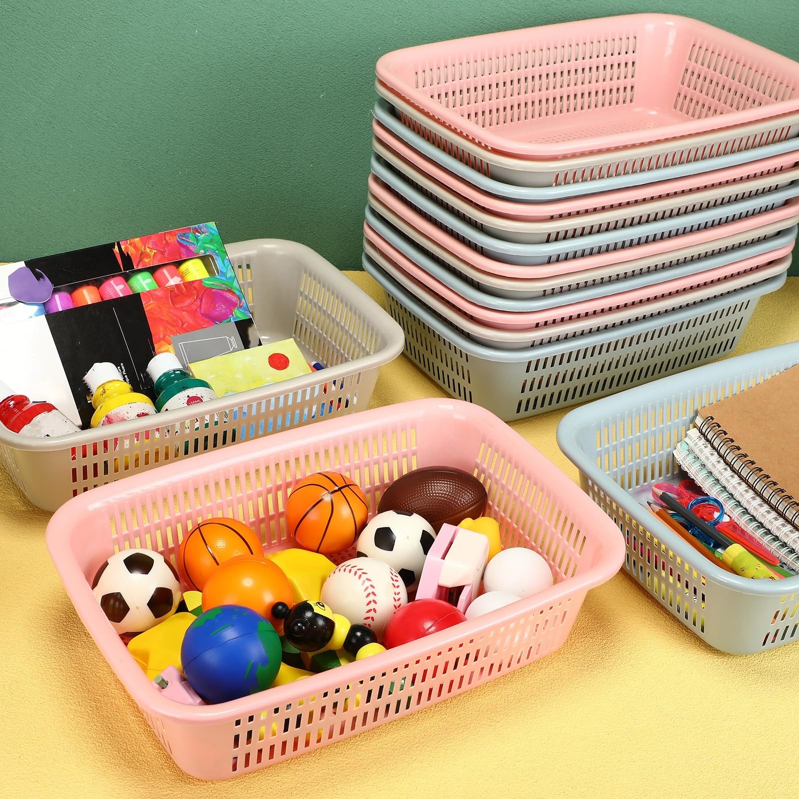 Geelin 18 Pcs Storage Baskets Plastic Mesh 11.4 x 7.9 x 3 inches, Beige,Blue