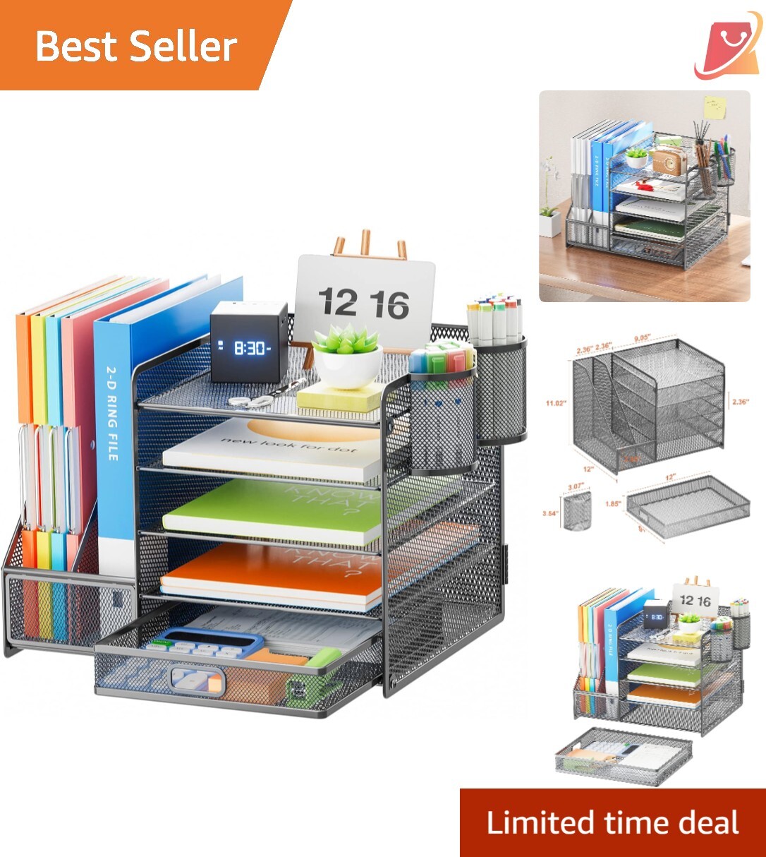 5-Tier Metal File Letter Tray Organizer with Drawer for Office Supplies Grey