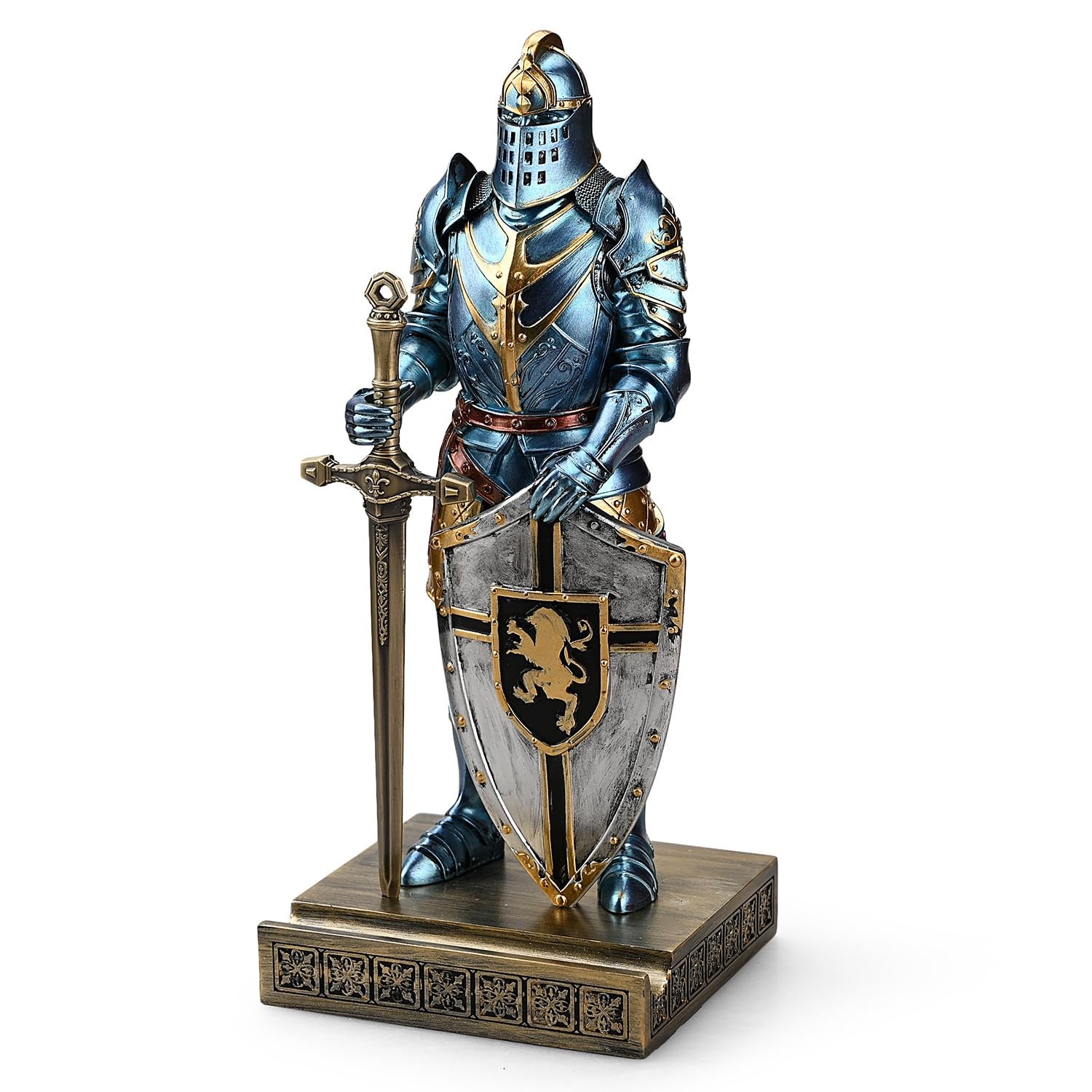 Medieval Knight Pen Holder Desk Ornament Resin Statue Blue Office Decor Japan