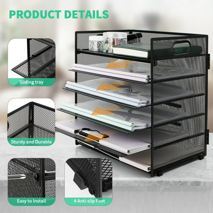 6-Tier Metal Mesh Desk Organizer with Handle Paper Letter Document Tray Black
