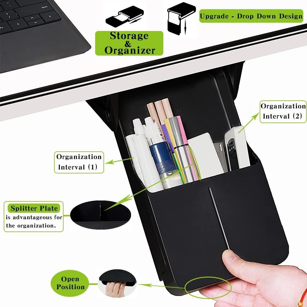 Black Under Desk Organizer – Large & Small Drawers, Adhesive/Screw Installation