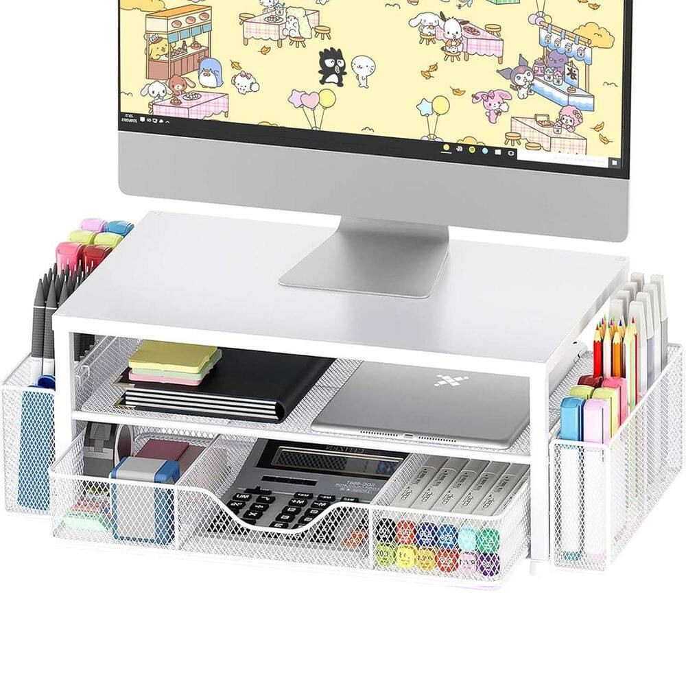 White 15.5 In. X 6.3 In. Metal Modern Desk Organizers with Drawer and 2 Pen Hold