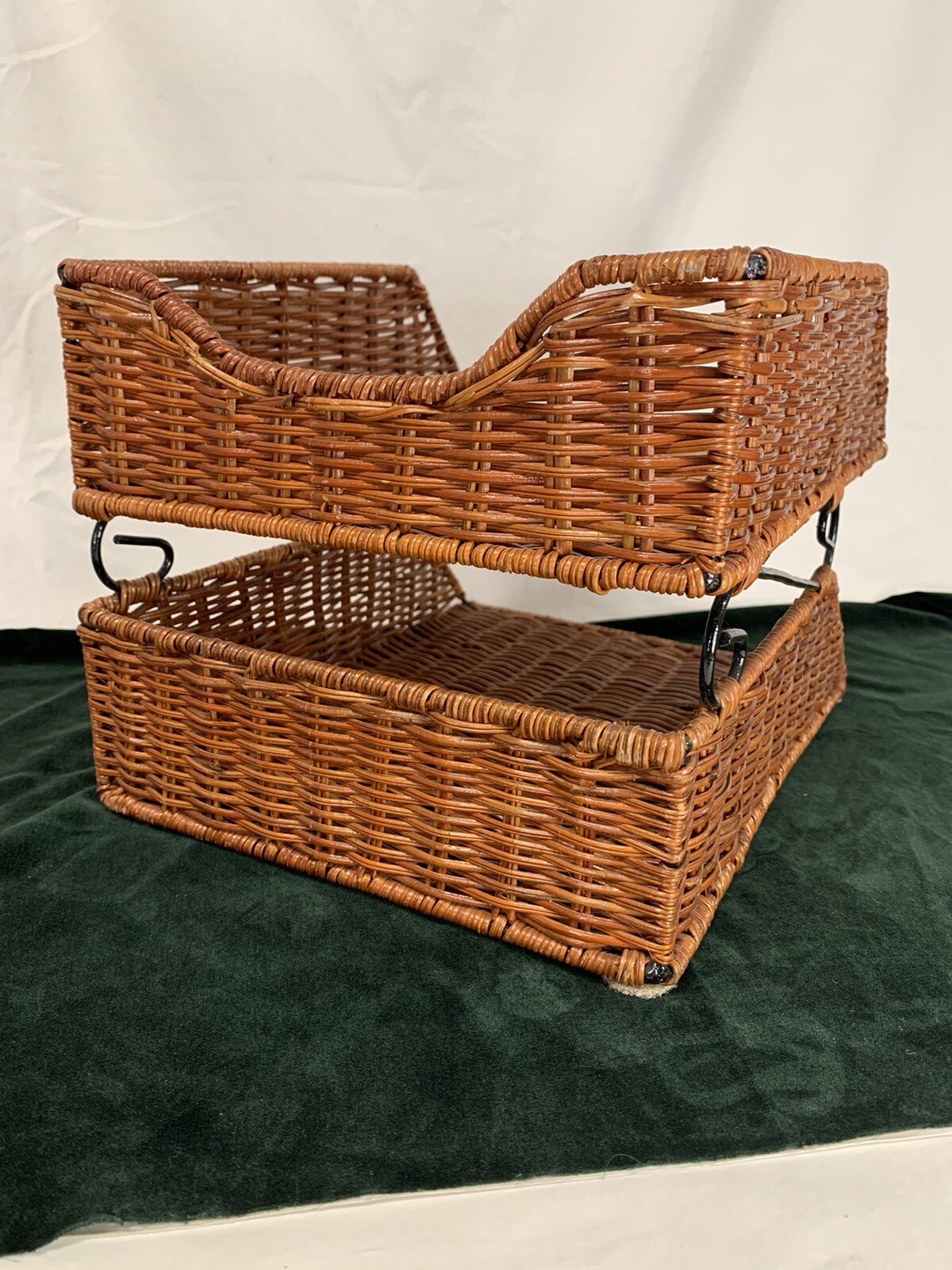Wicker Desk Letter Paper Organizer Wire & Rattan Brown 2 Tier Double Tray Office