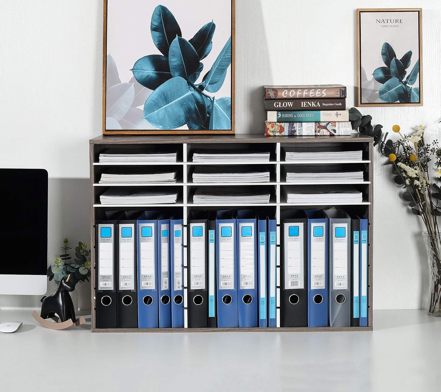 Wood Literature Organizer, 27 Slots Hold 13500 Sheets A4 Papers, Wooden Desk Fil
