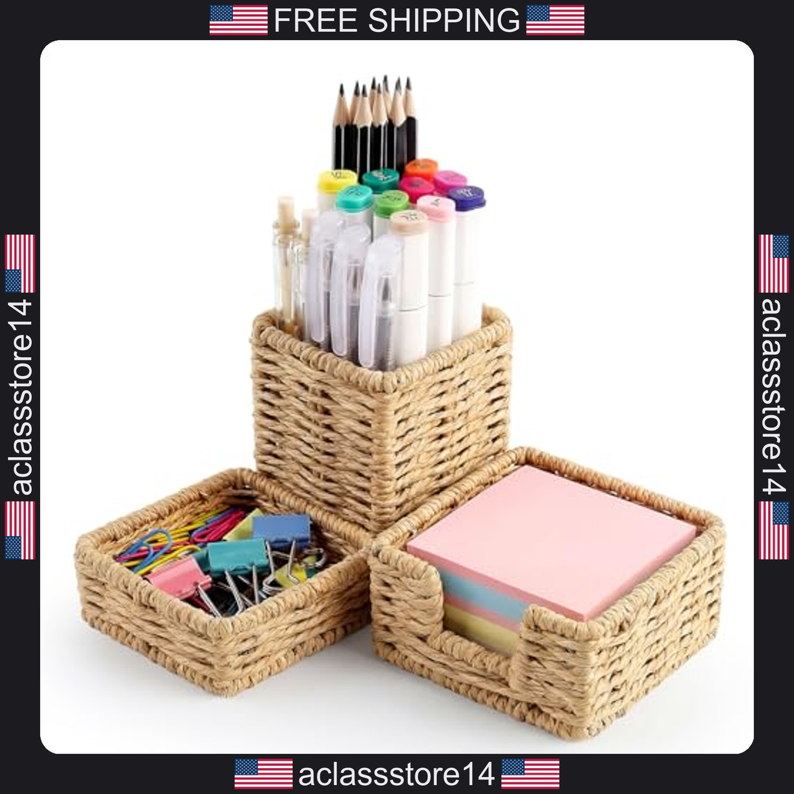 Khaki Paper Rope Woven Desk Organizer Set of 3 Office Home Desktop Accessories