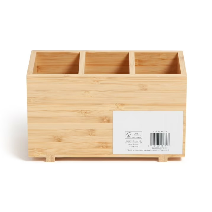 U Brands Zen Bamboo Desktop Organizer 3 Compartment Wood Pen Pencil Holder Tray