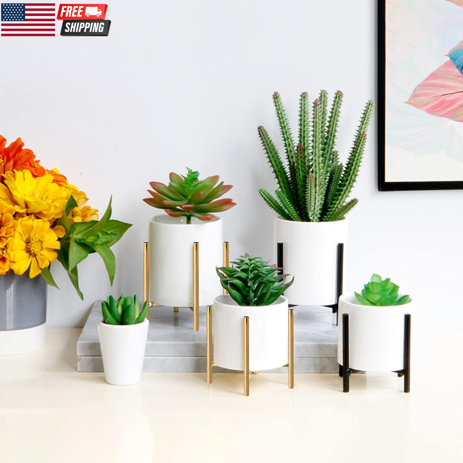 Gold Pencil Cup Sturdy Metal Frame with White Ceramic Pen Holder for Desks and K