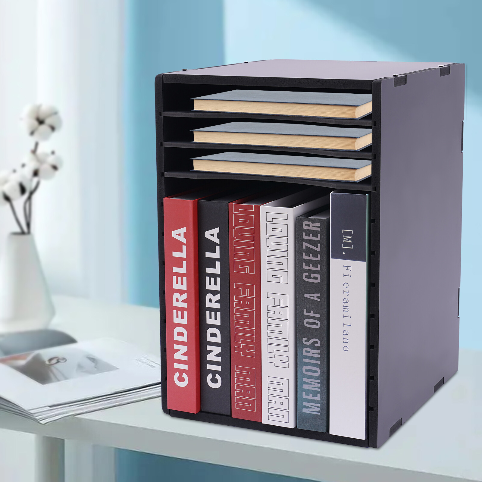 Vertical Desktop Sorter 11 Compartment Black Letter-size Shelves