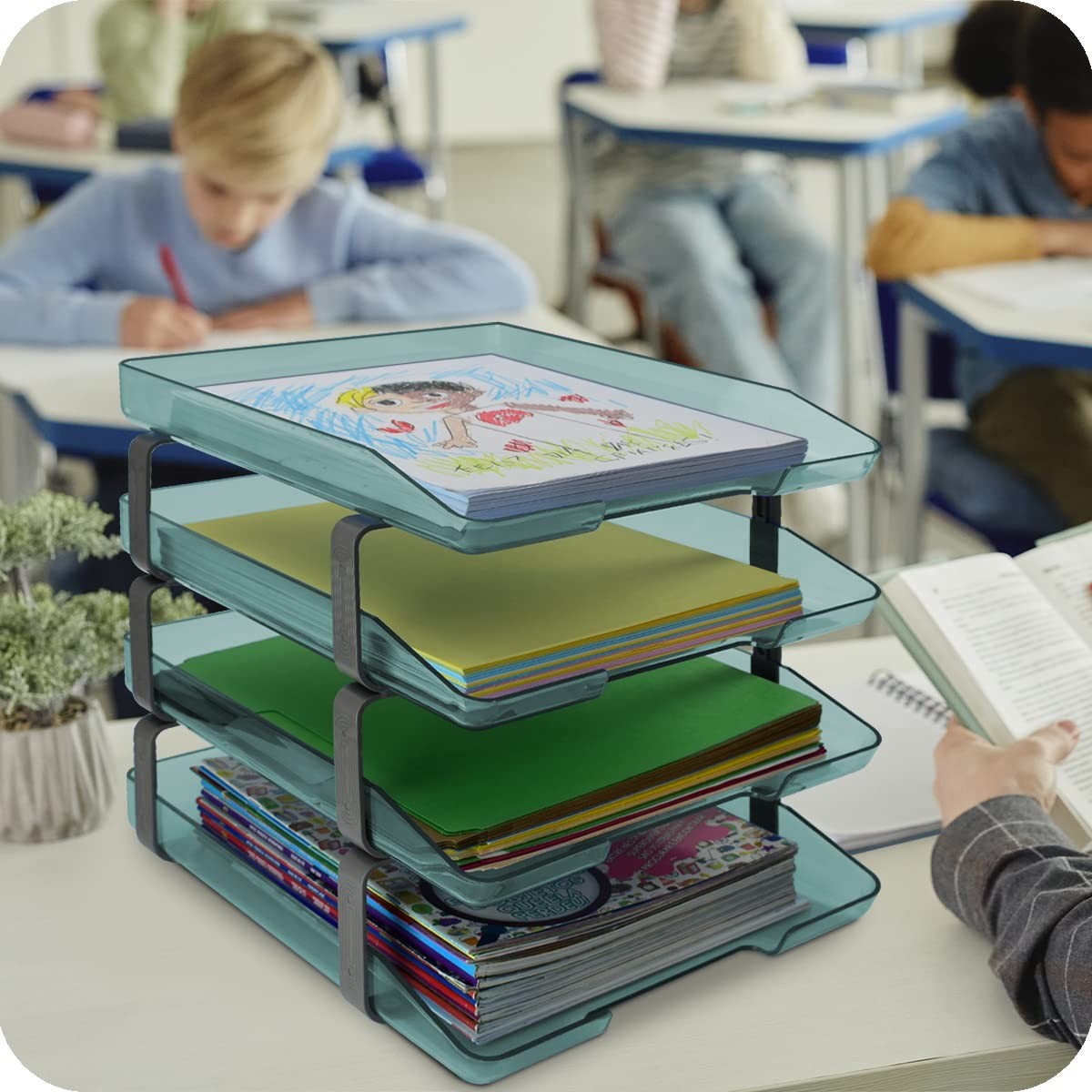 Traditional 4 Tier Letter Tray Front Load A4 Desktop Organizer Clear Green