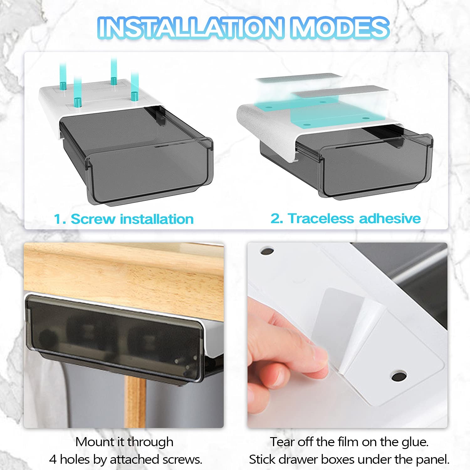 Self-adhesive Under Desk Drawer Organizer, 2 Pack Table Hidden Slide Out Larg…