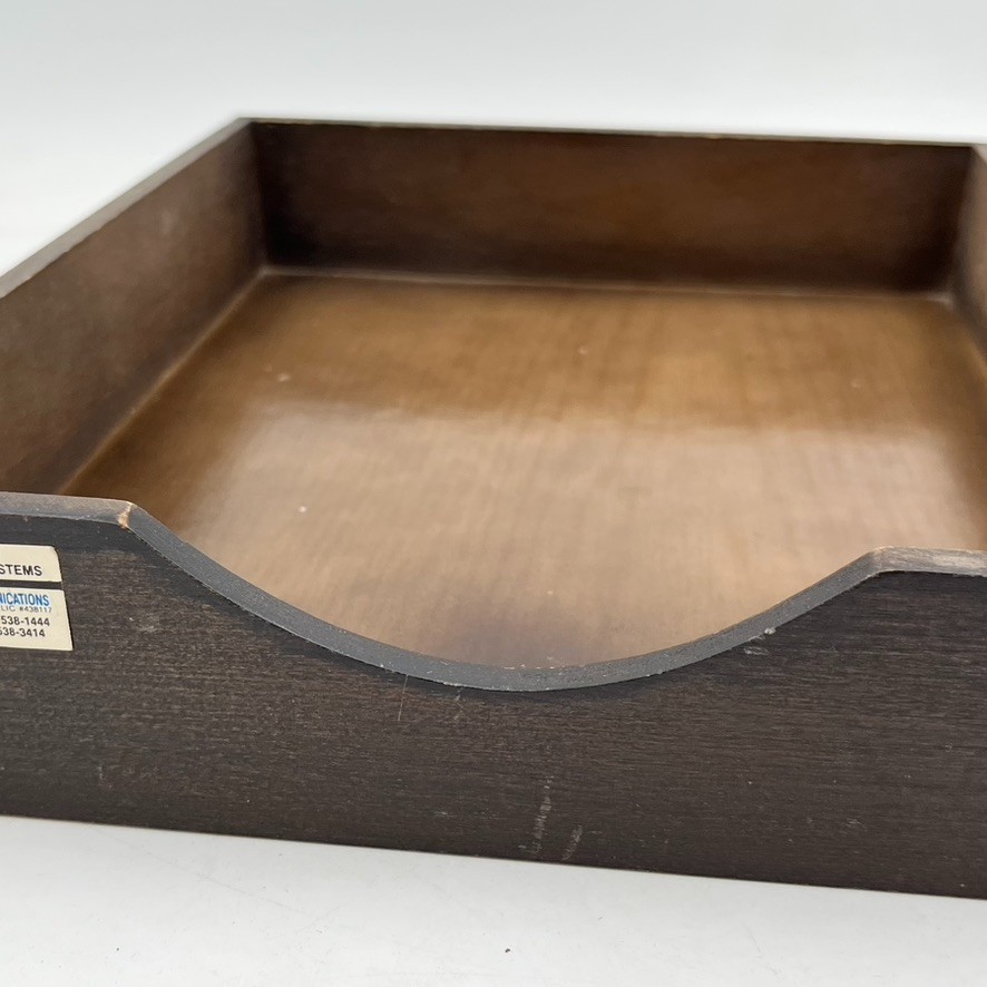 Vintage MCM Desk Organizer Tray Walnut Wood Office In Out Box, 12.5″ x 10″