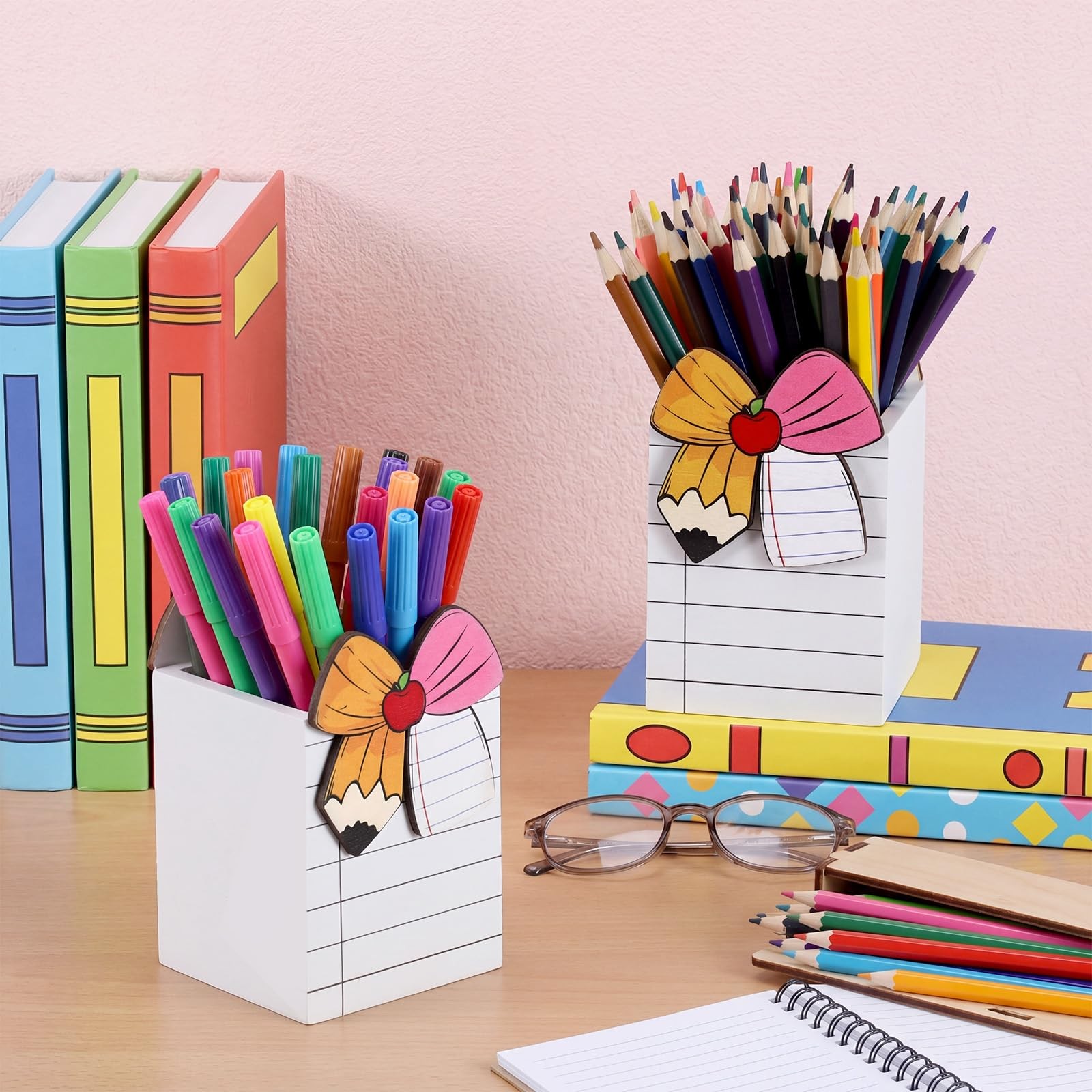 2 Pcs Bow Notebook Pencil Holder for Desk Double-sided Wooden Bow Pencil Hold…