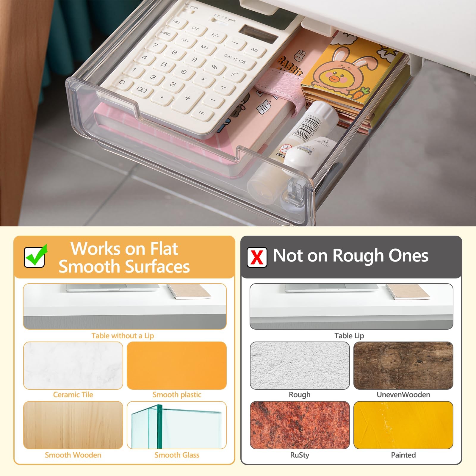 ACUDUDOMA Under Desk Storage Drawers Self-Adhesive Easy 2 Pack, Clear&White