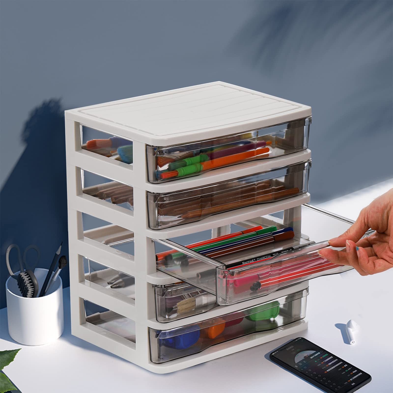 DEAYOU 5 Drawer Desktop approx. 9.3″ L x 7.1″ W x 10.3″ H, White,Clear