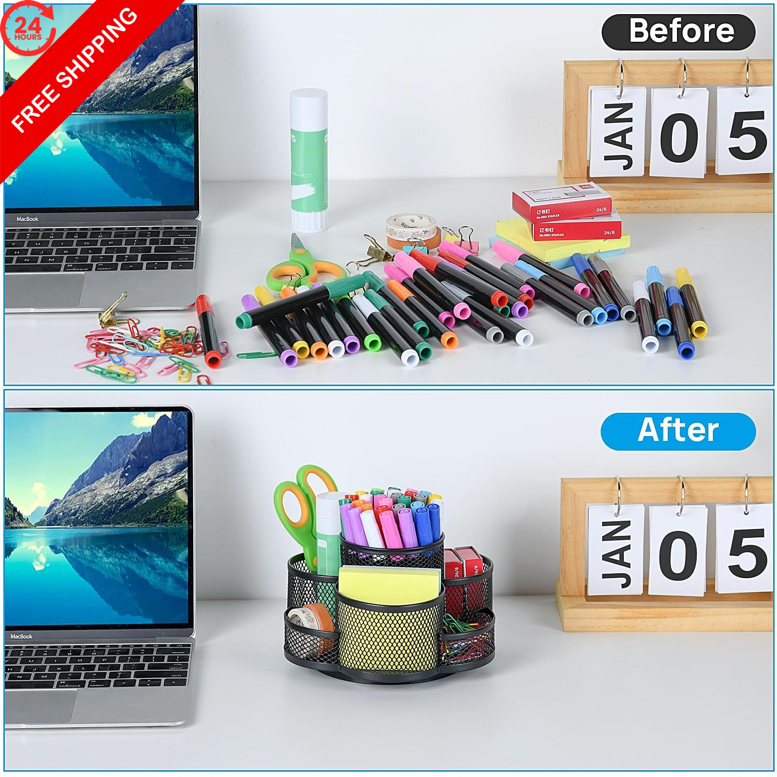 Topwey Pen Holder for Desk, 360 Rotating Pencil Holder, Cup Black
