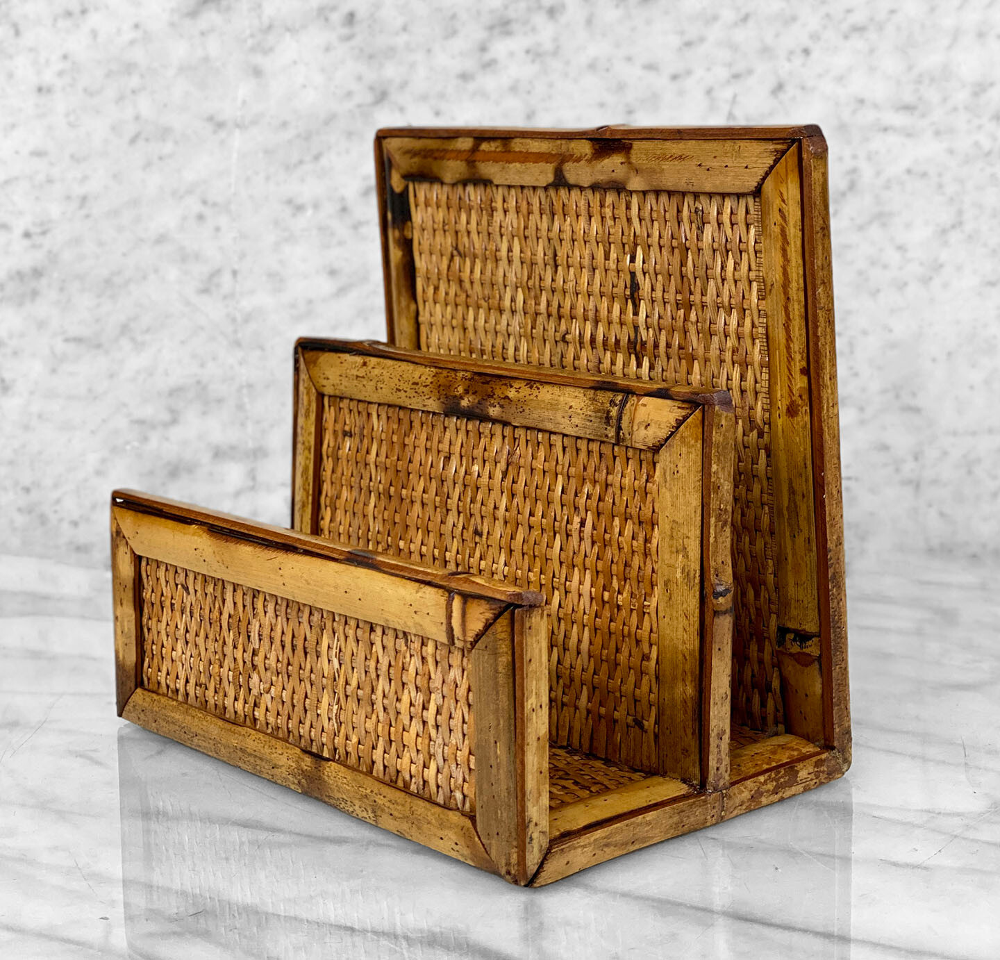 Vintage Coastal Boho Rattan Bamboo Letter Holder Desk Organizer