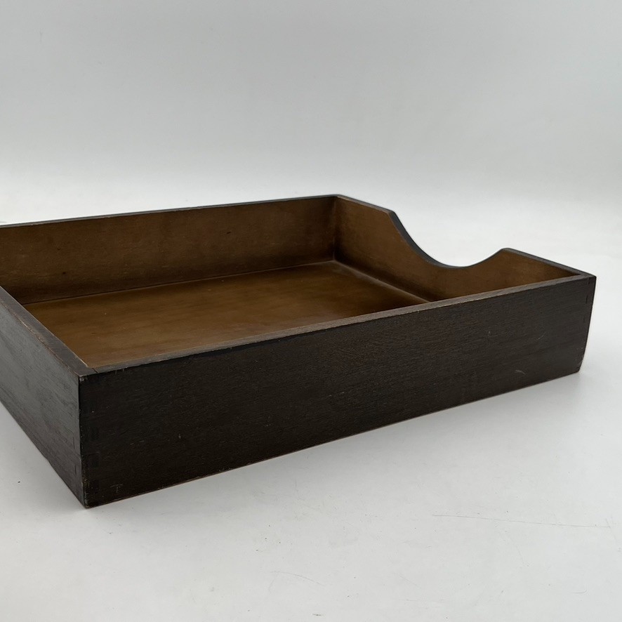 Vintage MCM Desk Organizer Tray Walnut Wood Office In Out Box, 12.5″ x 10″