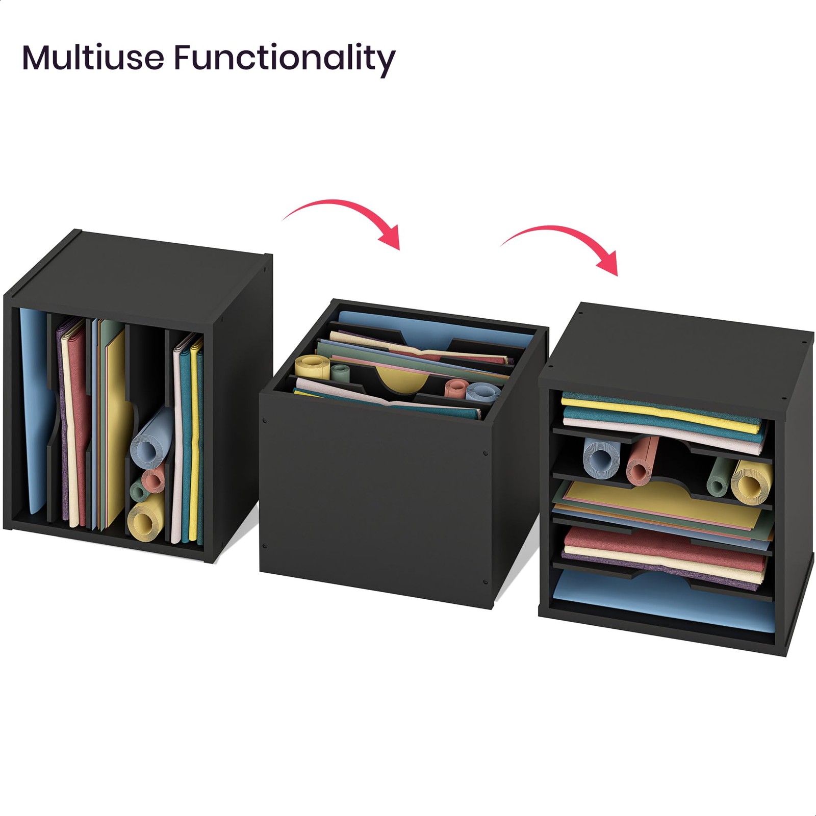 Black 5Tier File Organizer For Desk Wooden Mail Sorter Adjustable Shelves