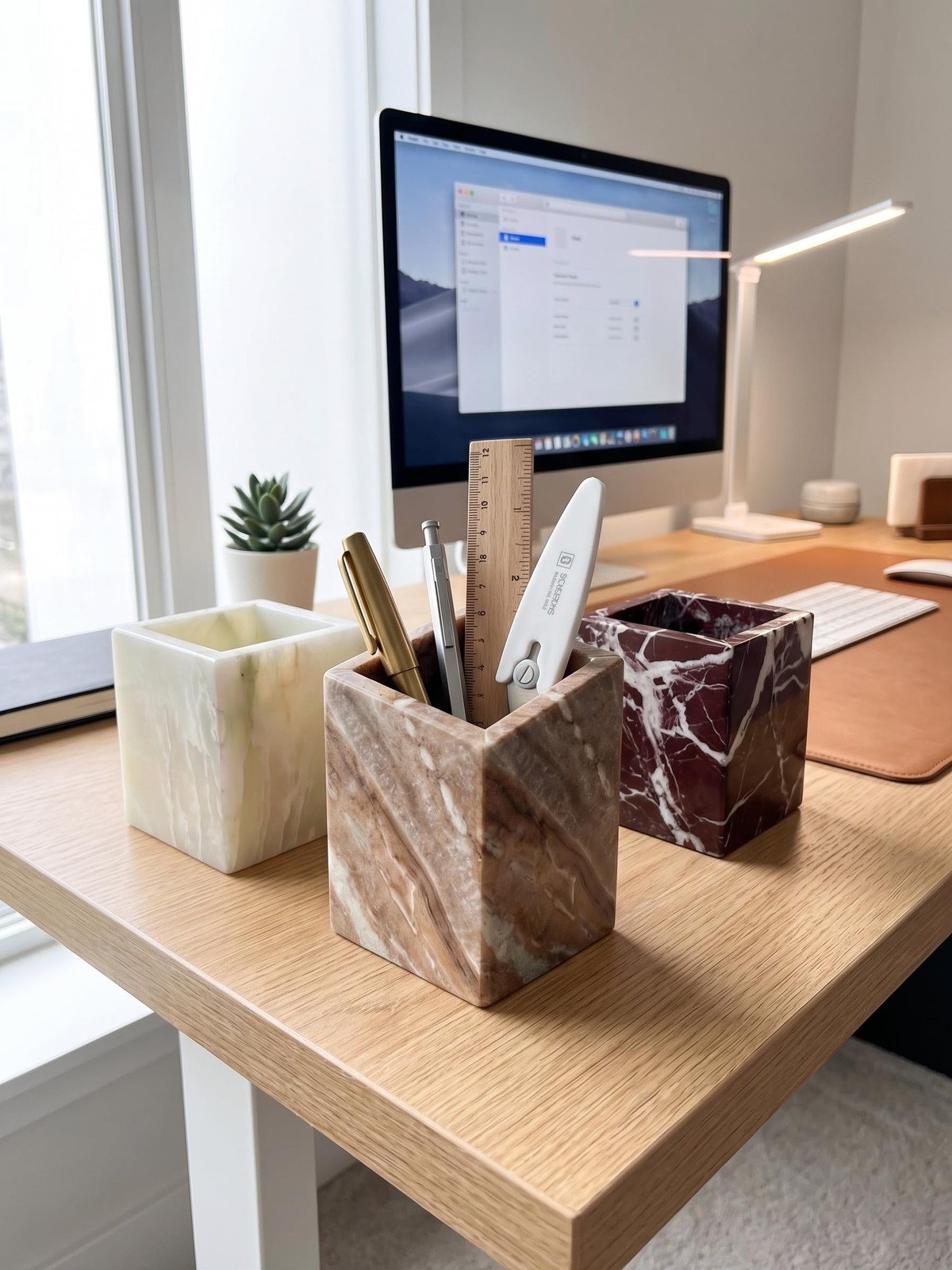 Natural Marble Pen Holder, 2.95” x 3.74” Square Desk Organizer, Marble Toothb…