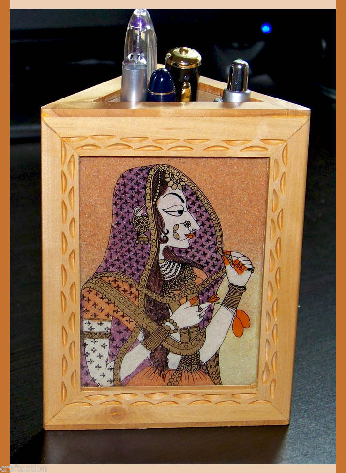 THREE GEMSTONE PAINTING ON A TRIANGLE PEN PENCIL HOLDER/STAND FROM INDIA!!