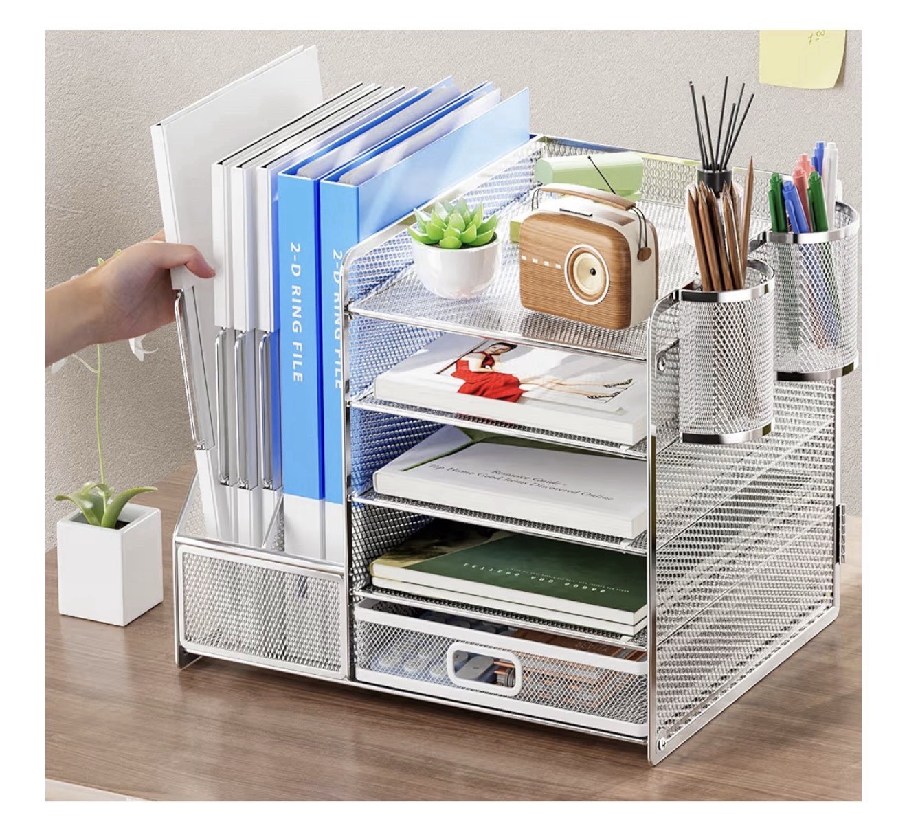 Mesh Desk Organizer 5-Tier Letter Tray File Holder Drawer Pen Cup Silver