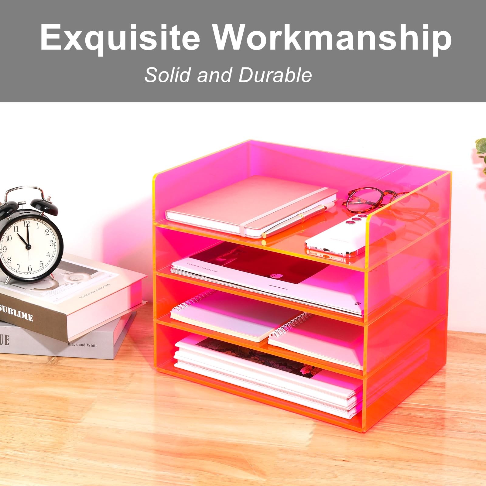 Acrylic File Organizer for Desk 4 Tiered Stackable Letter Tray Office Storage…