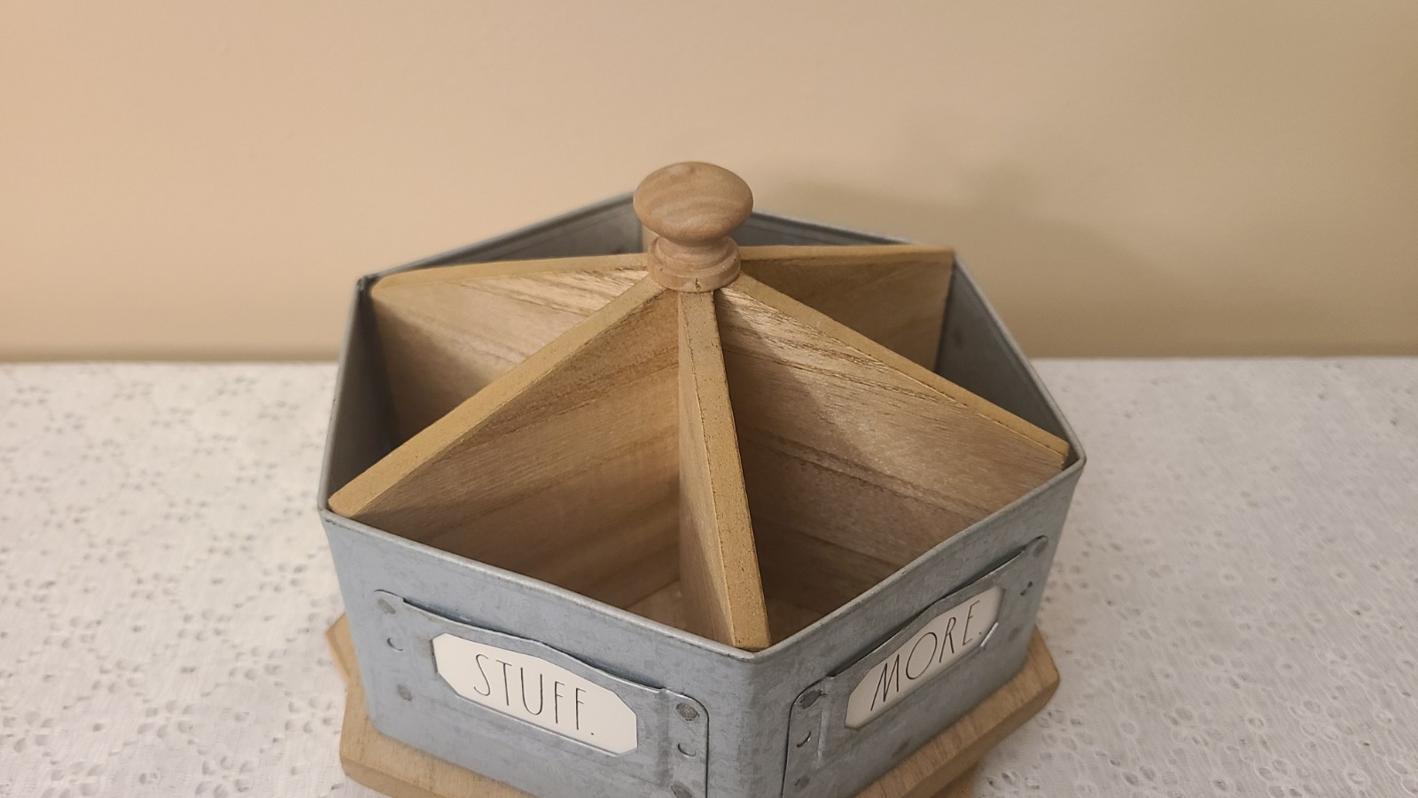 Rae Dunn Galvanized Steel & Wood Metal Rotating Spinning Rustic Desk Organizer