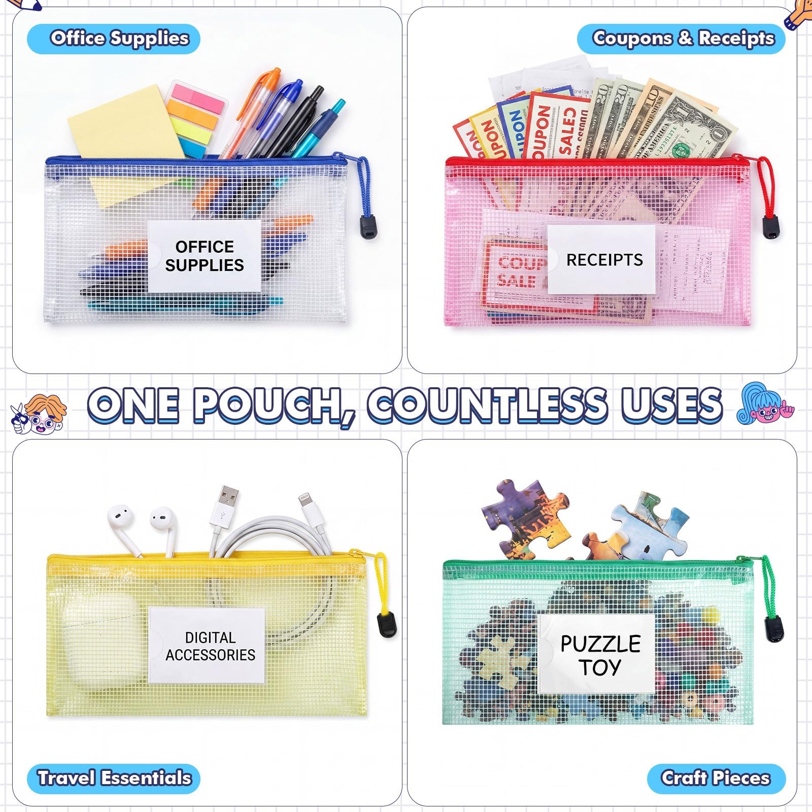 200 Pack A6 Mesh Zipper File Bags with Label Cards, 9.45×4.53 in Waterproof P…