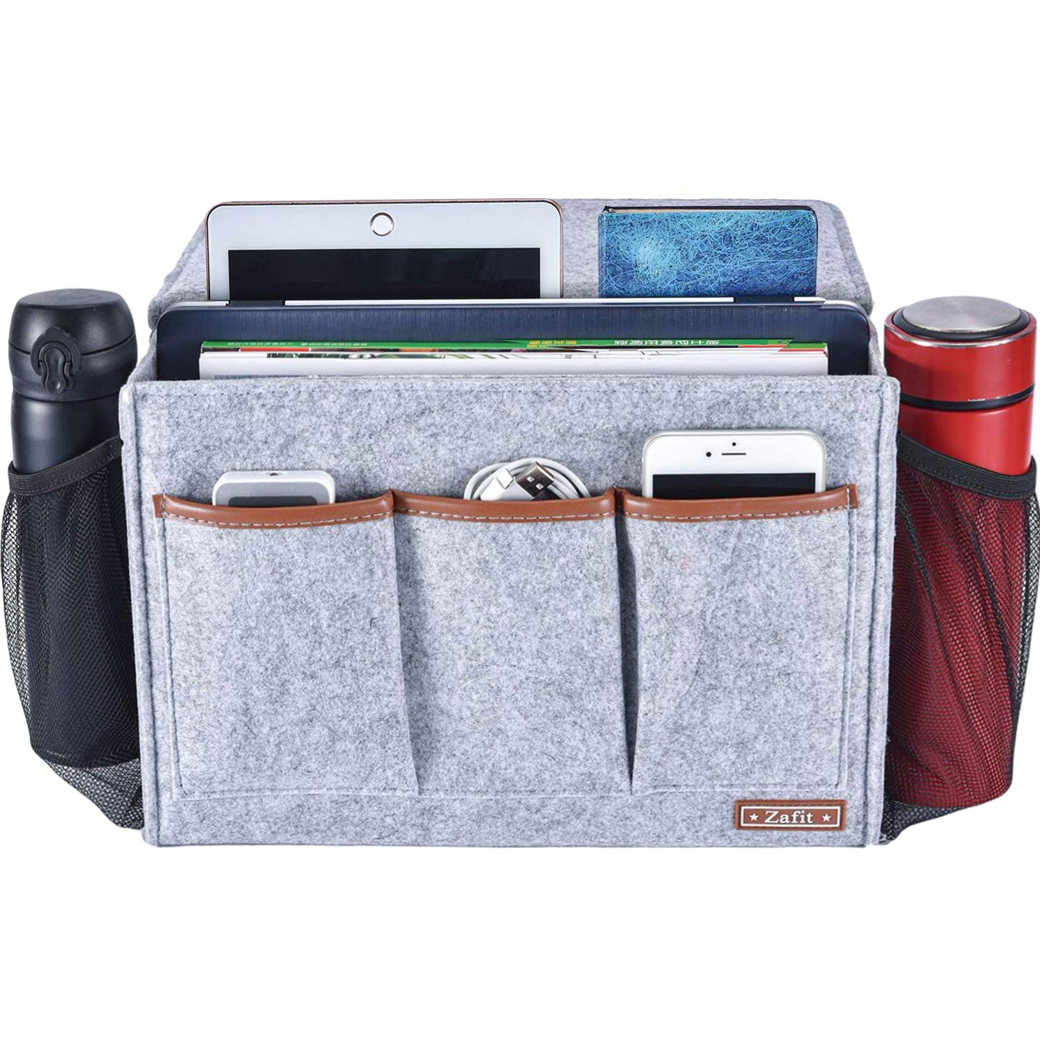 Zafit Bedside Caddy, Large Size Storage 13.4” x 18.1” 8 Pockets, Light Grey