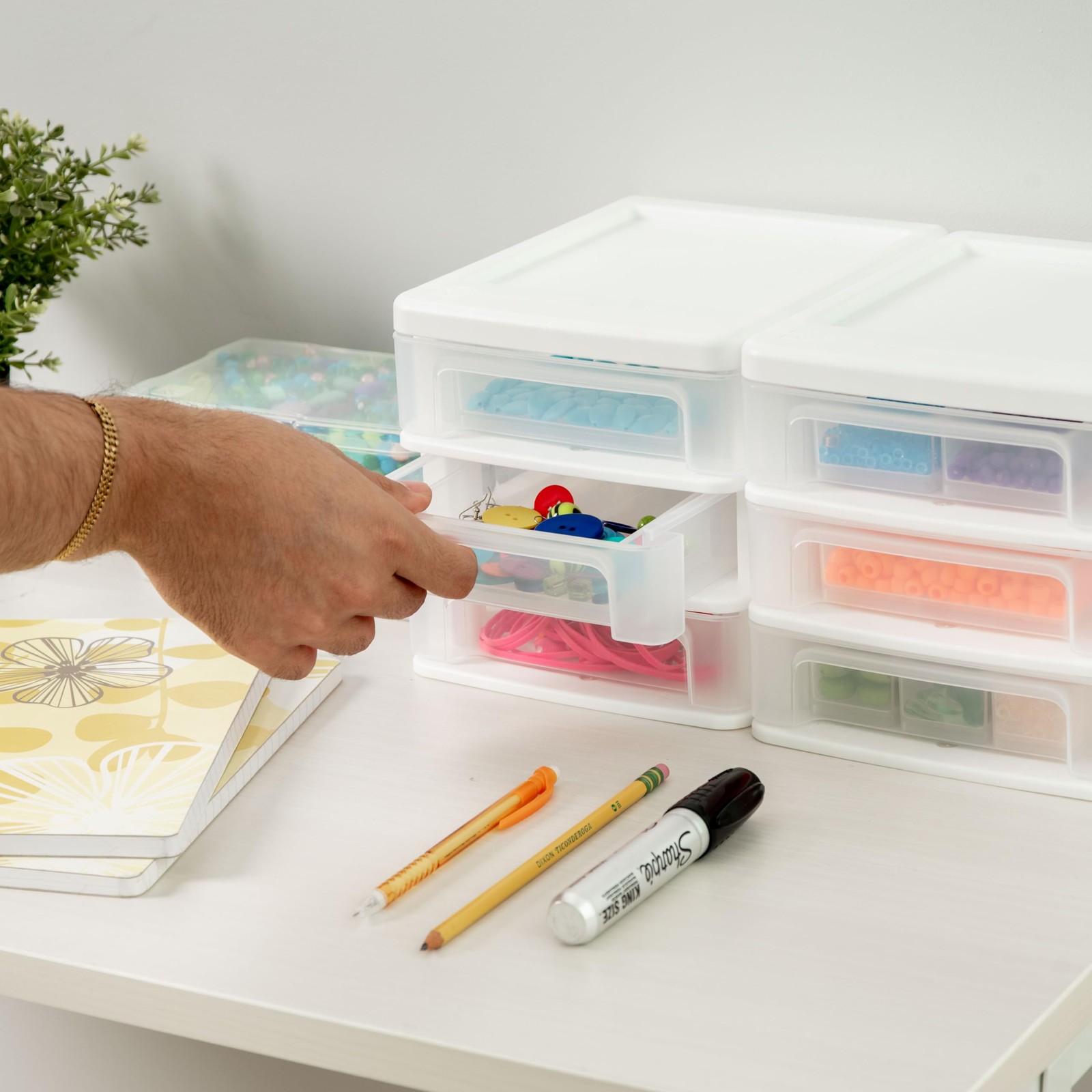 IRIS USA Plastic Stacking Desk Top 3-Drawer Storage Organizer, Small, White