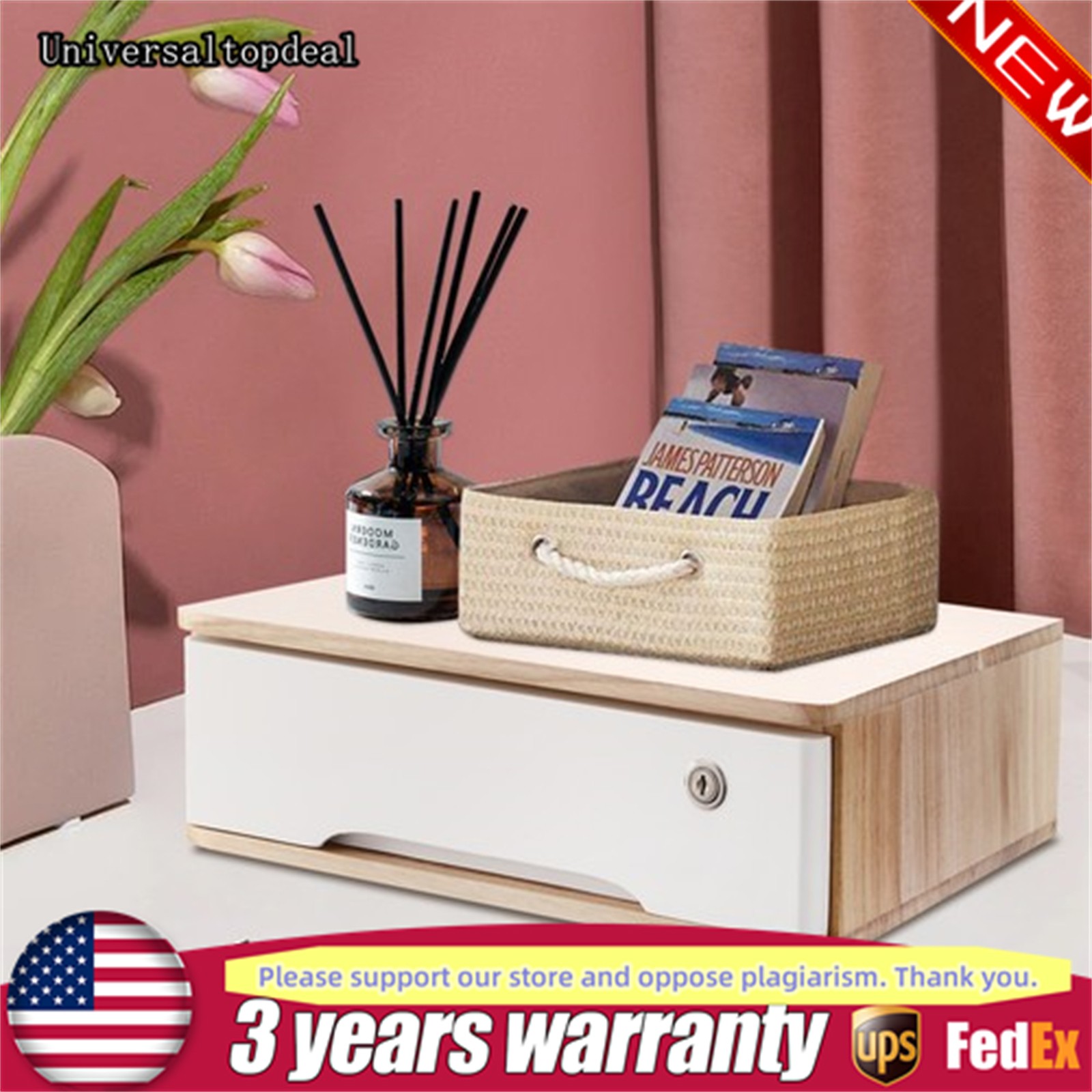 Desktop Storage Box w/ Lockable Drawer Wooden Office Supplies Drawer Organizer