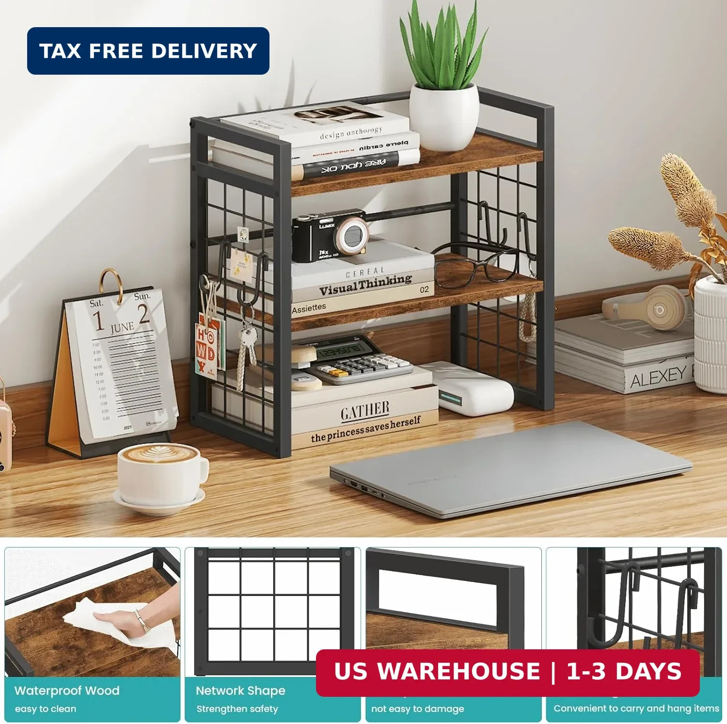 ELITEROO Desktop Shelf Organizer, 2 Tier Wood Desk Bookshelf, Desk Top Storage R