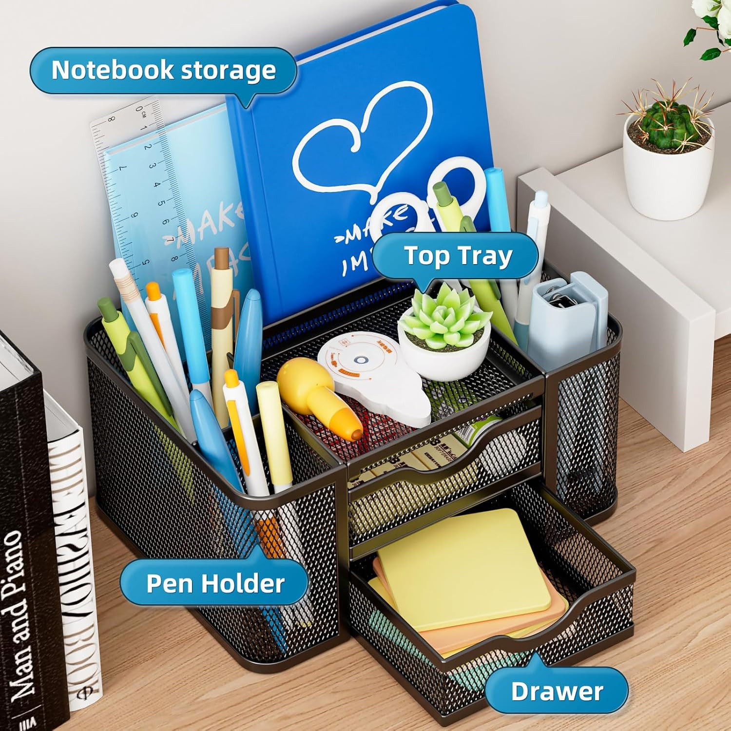 Marbrasse Mesh Desk Organizer, Pen Organizer with 2 Drawer, Multi-Functional Pen
