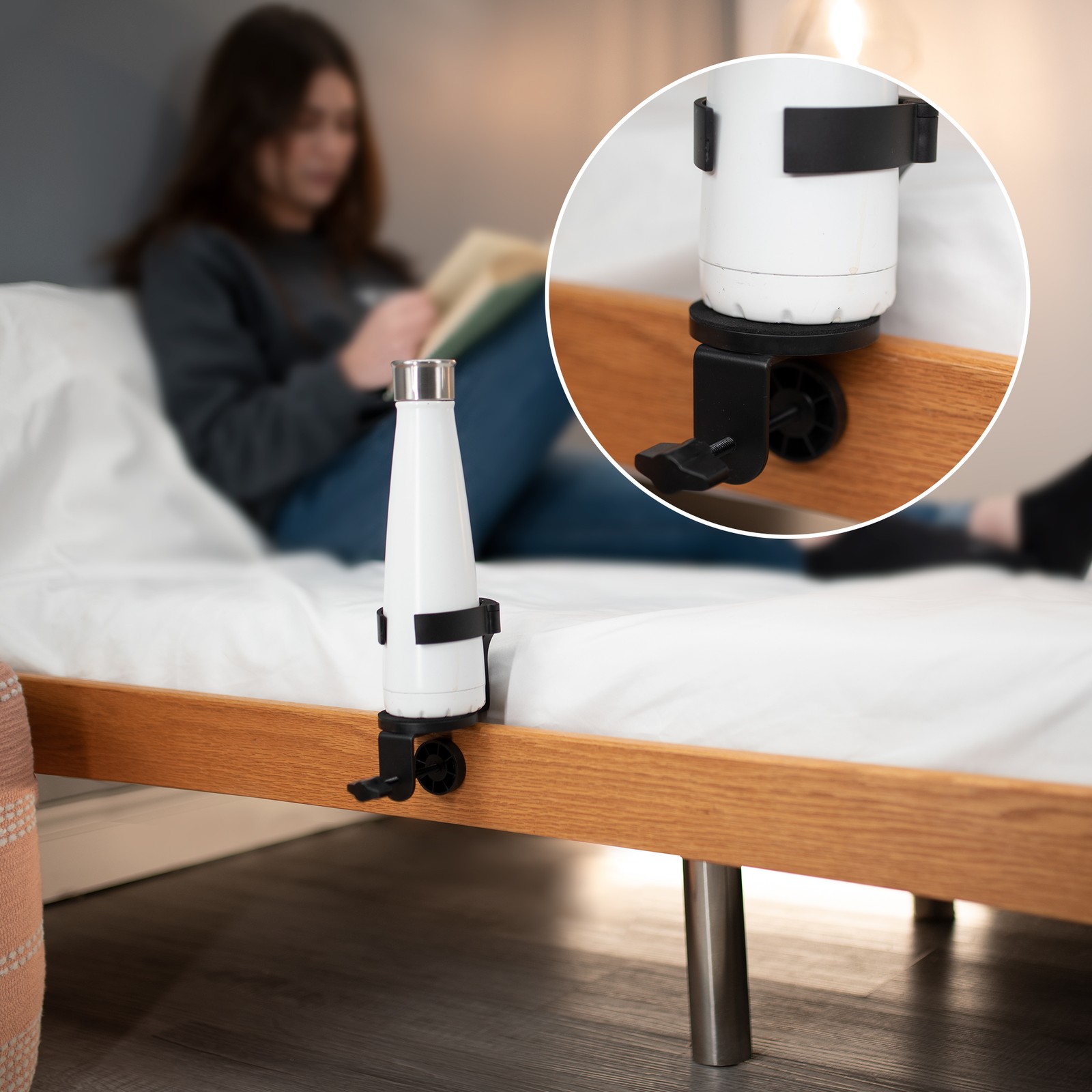 VIVO Black Clamp-on Cup Holder for Desk and Bed Frame, Anti-Spill Drink Support