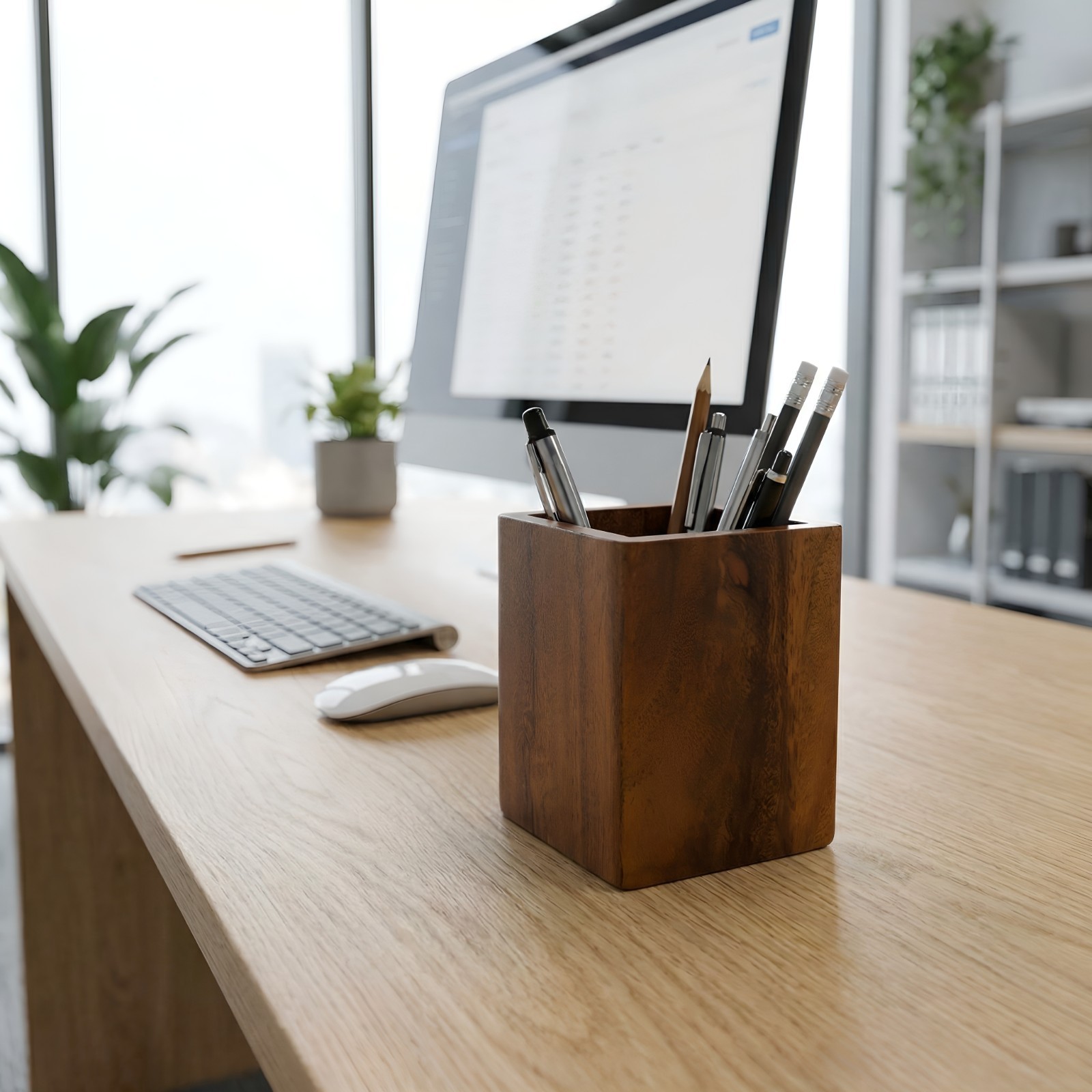 Square Walnut Wood pencil holder pen pot desktop organizer home office gift