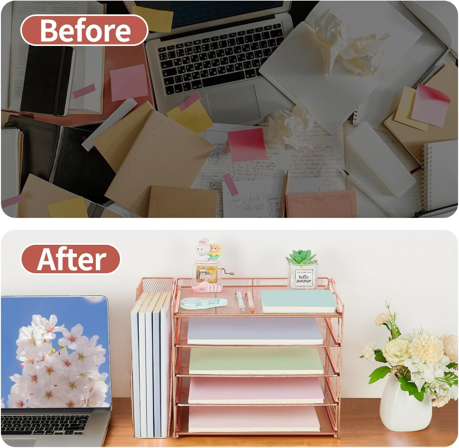 Rose Gold Desk Accessories Organizer,5-Tier Desktop Paper File Organizer with Ad