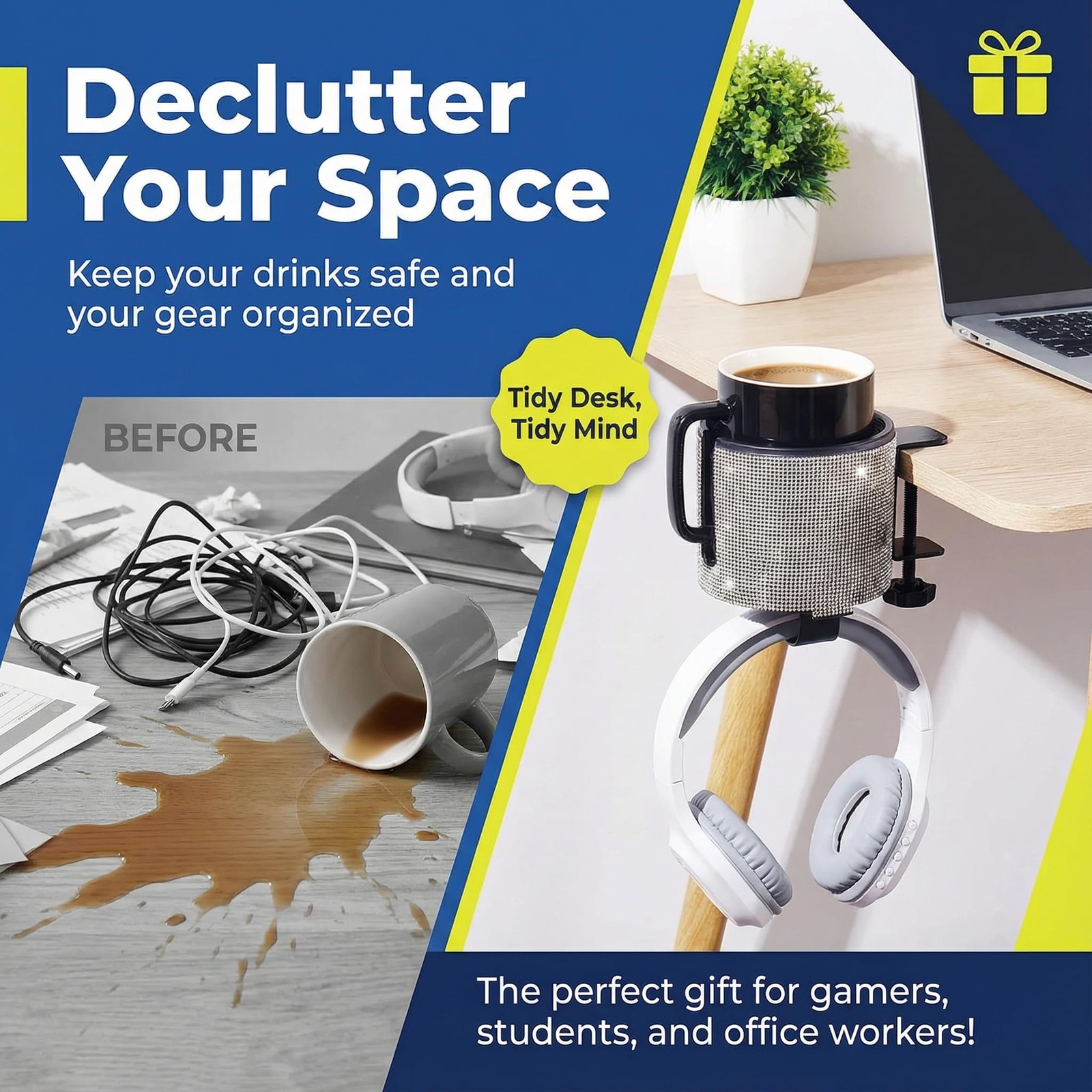 Luxury 2-in-1 Desk Cup Holder with Headphone Hanger for Office, Home, Gaming(…