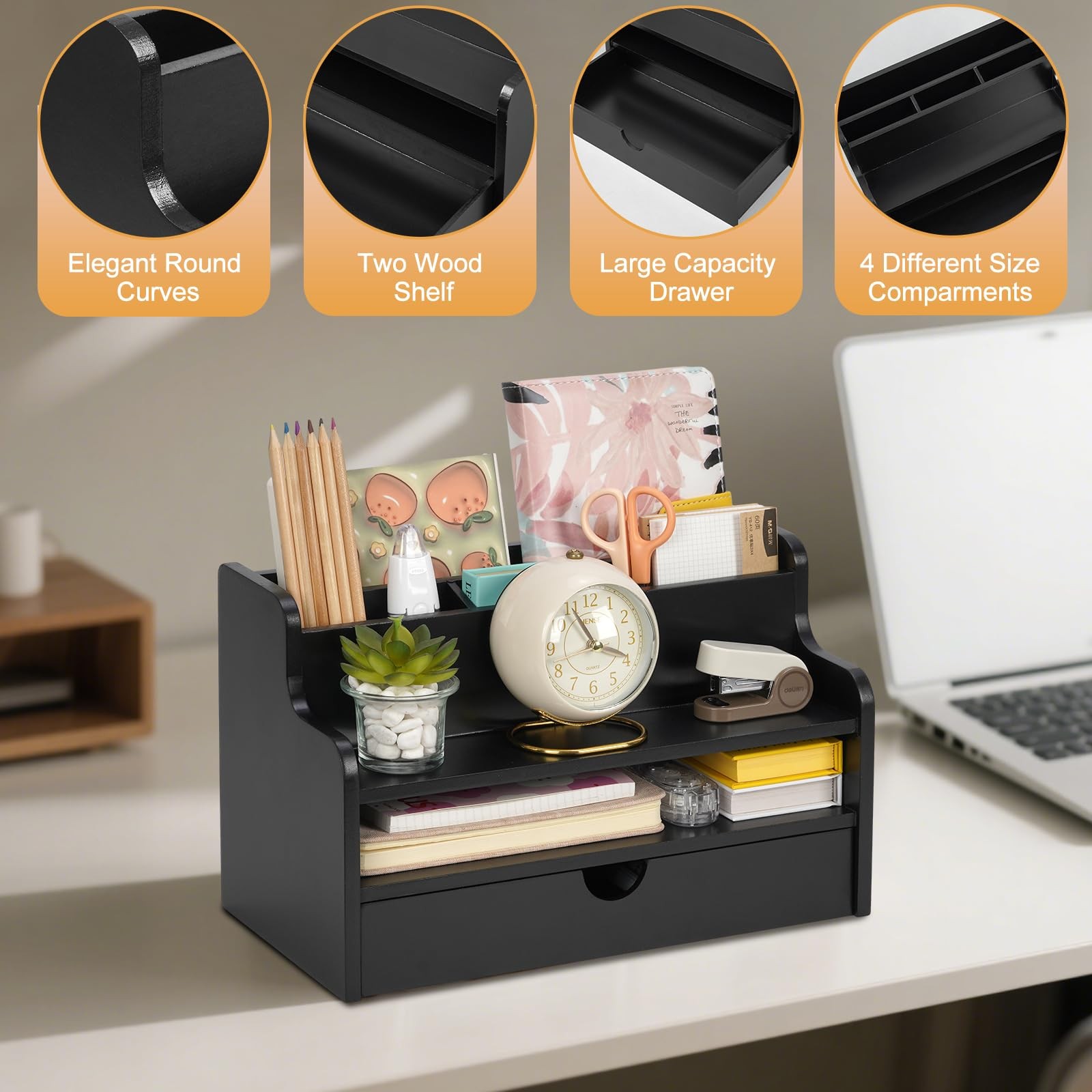 Mail Organizer Countertop, 4 Slots Desk Organizer with Drawer and Shelf, Wood…