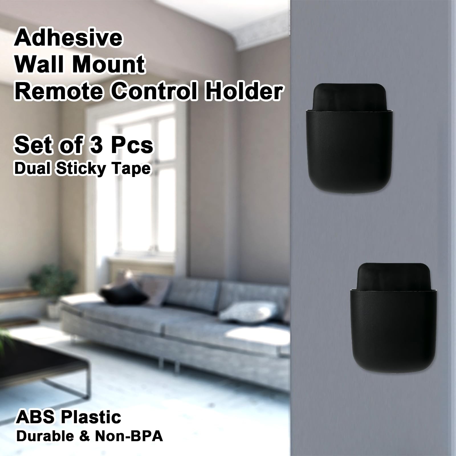 Wall Mount Charging Phone Holder Remote Control Storage Box, 3 Pack – Black