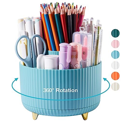 360 Degree Rotation Pen Holder, 5 Slots Office Desk Pen Organizer Multi Blue