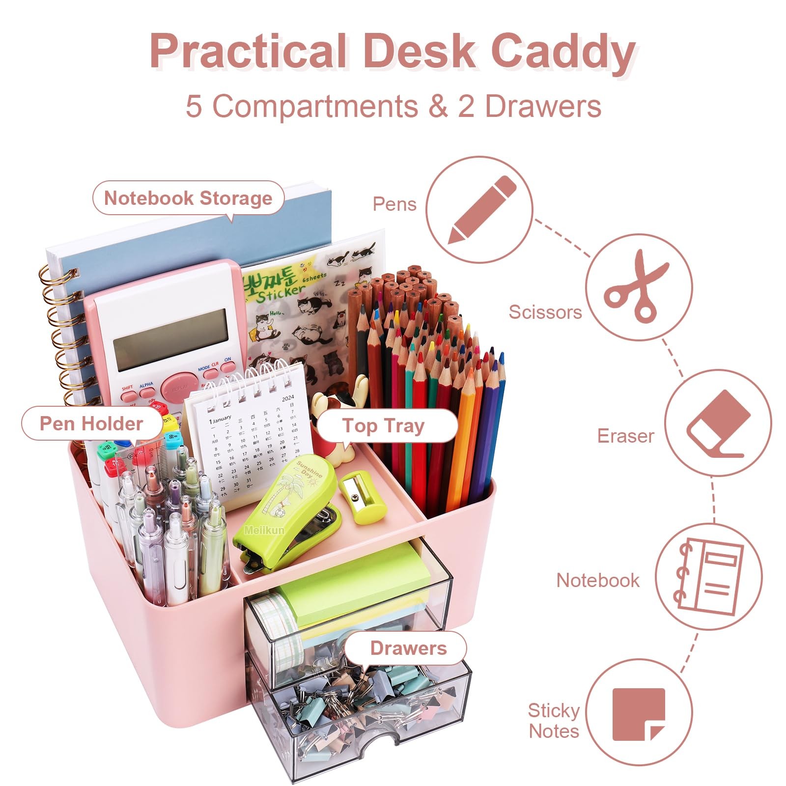 Desk Organizer With Drawers, Pen Pencil Holder, Office Storage, Pink