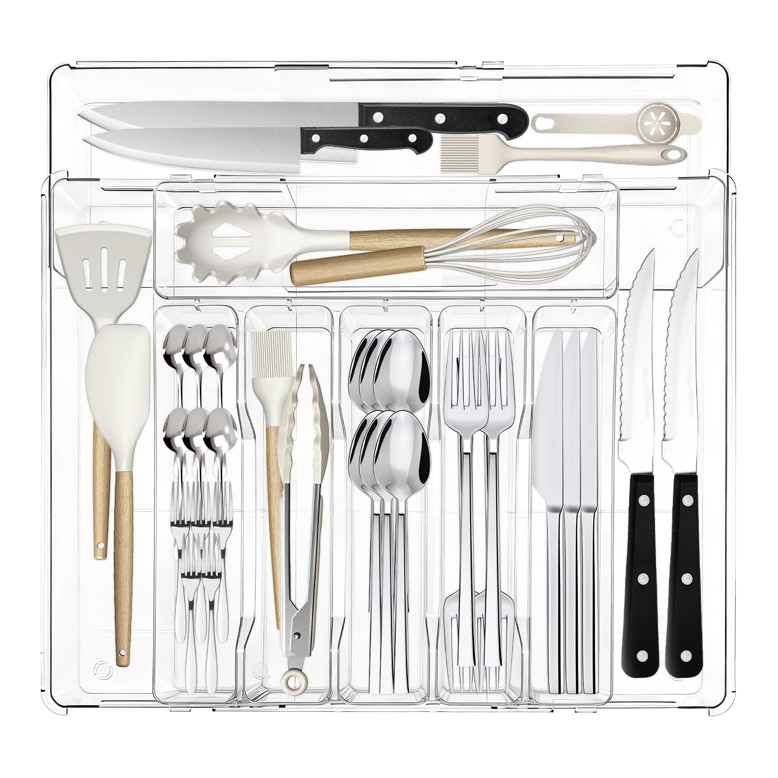 Pesilo Expandable Silverware Organizers for Kitchen Drawer, Clear Transparent