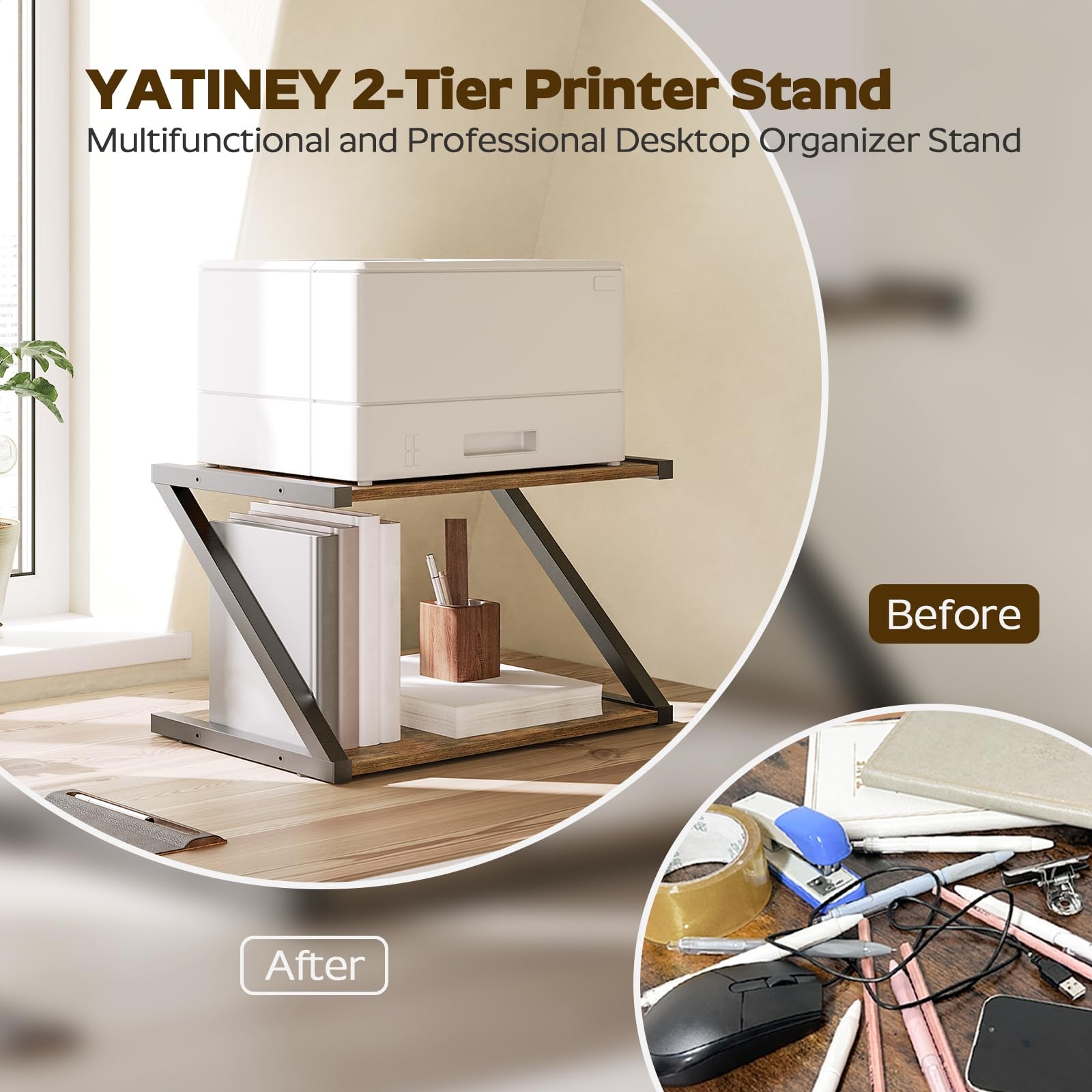 YATINEY Desktop Printer Stand, 2-Tier Table Rustic Brown and Black