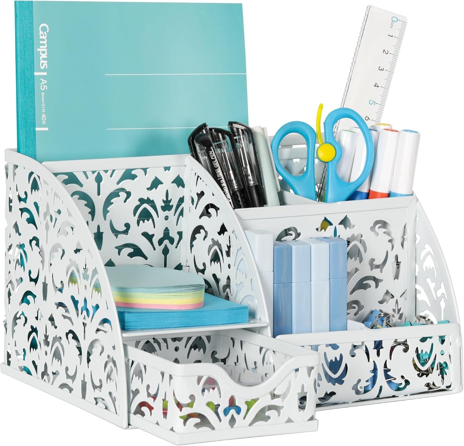 Versatile Desktop Organizer with Sliding Drawer & 6 Compartments for Elegance