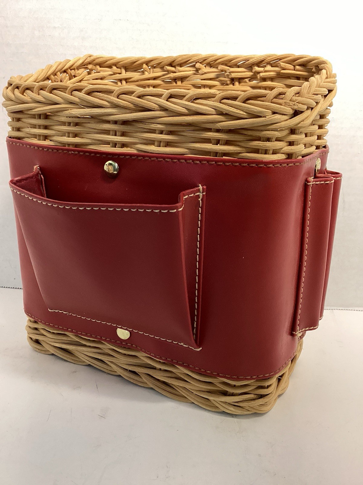 Basket Organizer Wicker Red Band Note Holder Pin Pencil Desk Kitchen