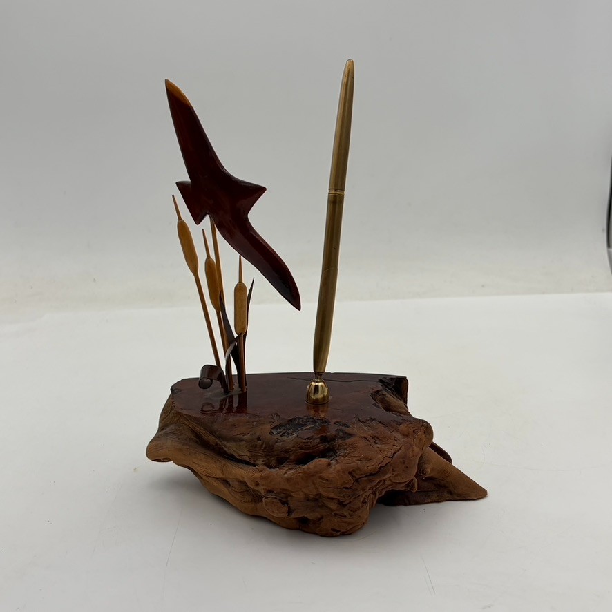 VTG Burl Wood Cattail Bird Desk Organizer Box Brass Pen Holder Mid Century MCM