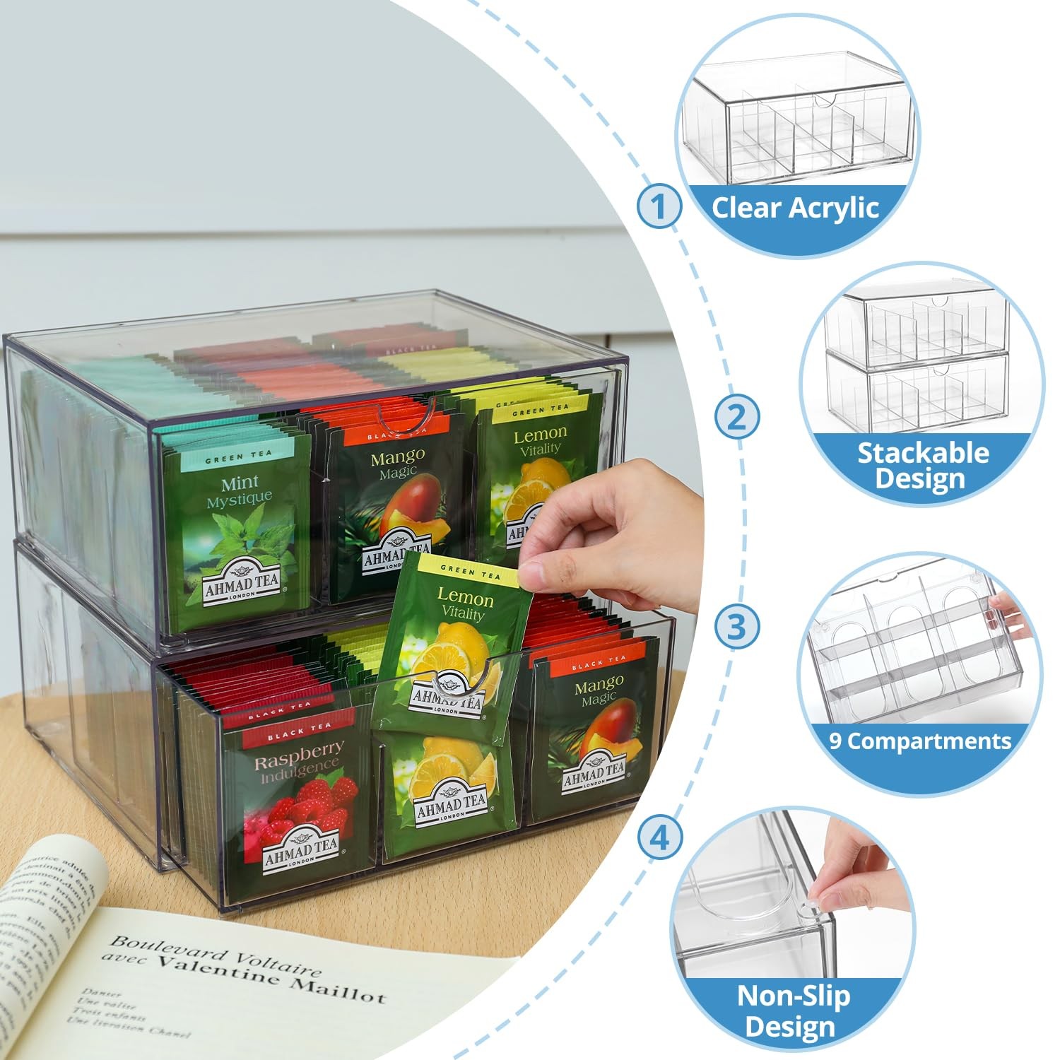 CLUQMEIK 2 Large Acrylic Tea Bag Organizer, 9 Grids 9.05*6.5*7.88″, 9+9 grids