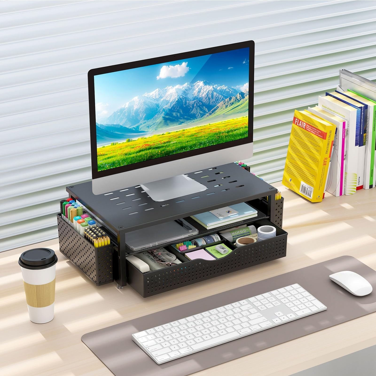 gianotter Desk Organizer with Drawer & Pen Holders – Black Monitor Stand