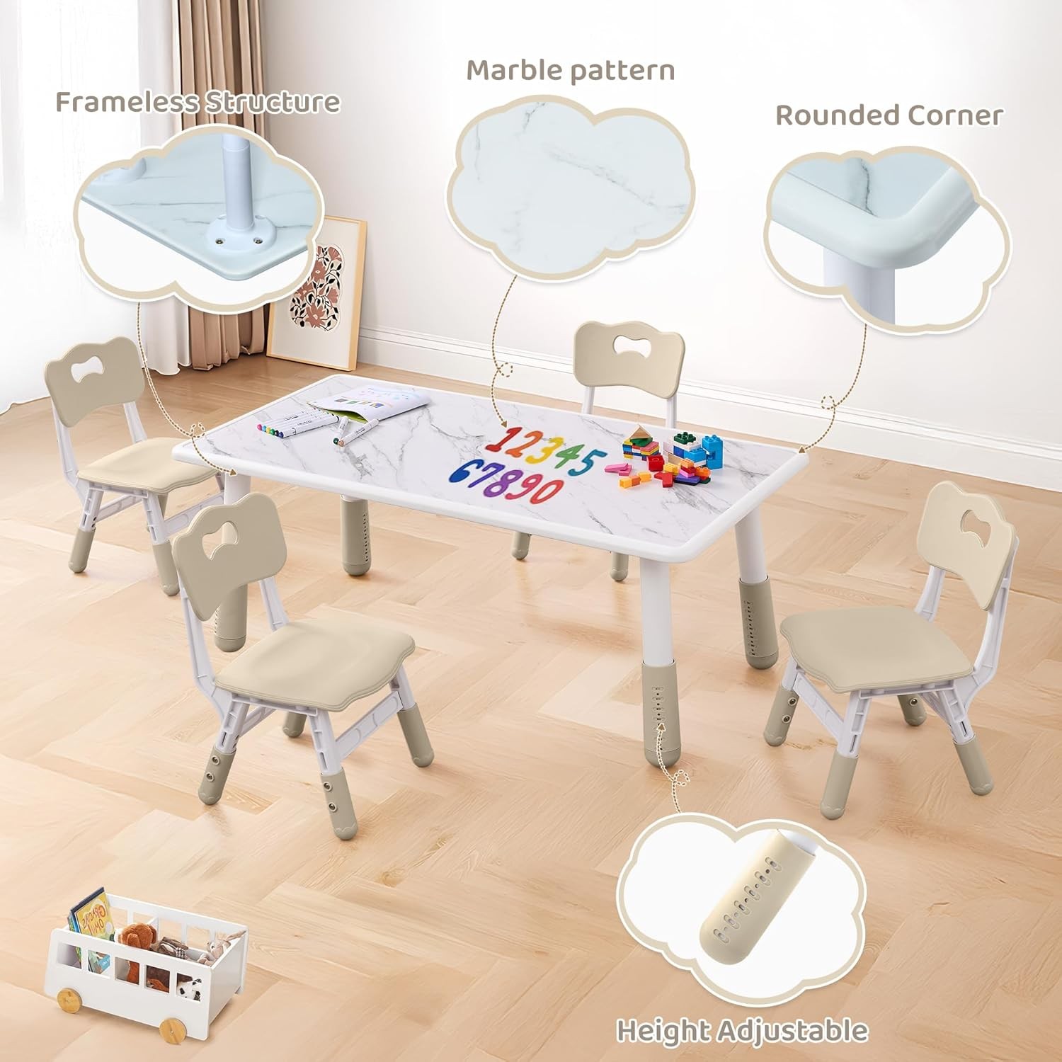 Toddler Table and 4 Chairs Set, Height Adjustable Kids Table and Chairs,