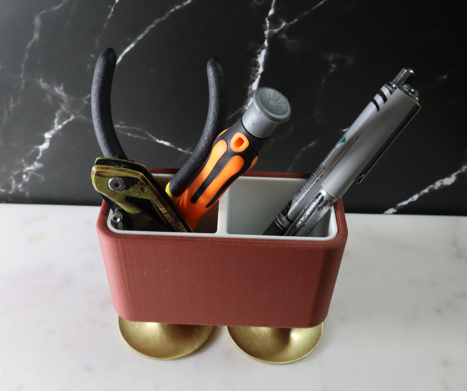 Modern Desk Organizer Solid Brass Pedestals Dual Compartment Office